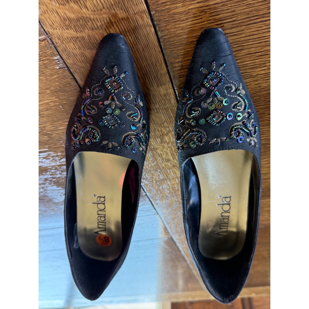 Vintage Y2K Black Shantung Beaded Sequin Formal Evening Kitten Heel Pumps Sz 8.5